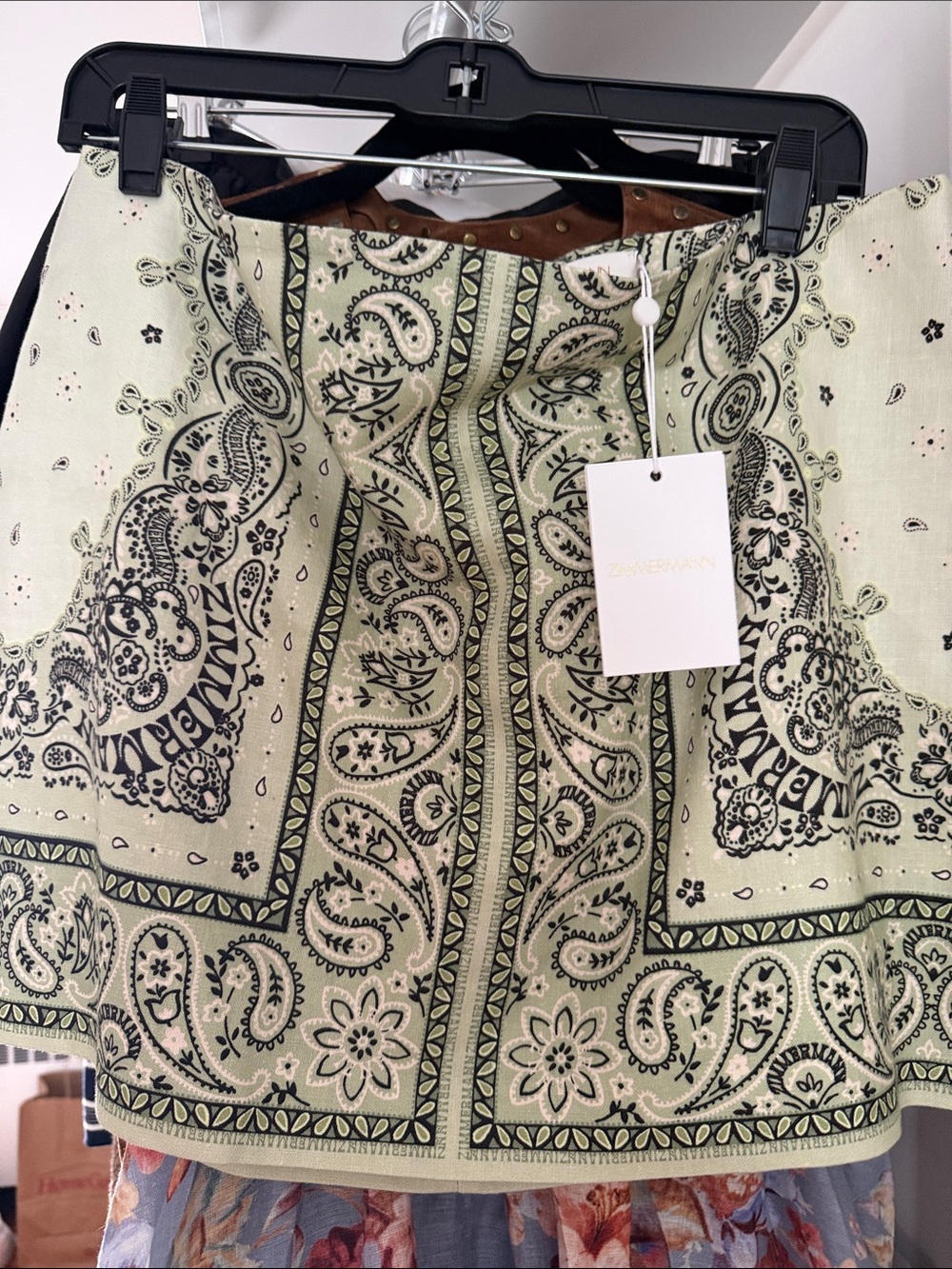 Zimmermann Light Green Paisley Mini Skirt with Black Print